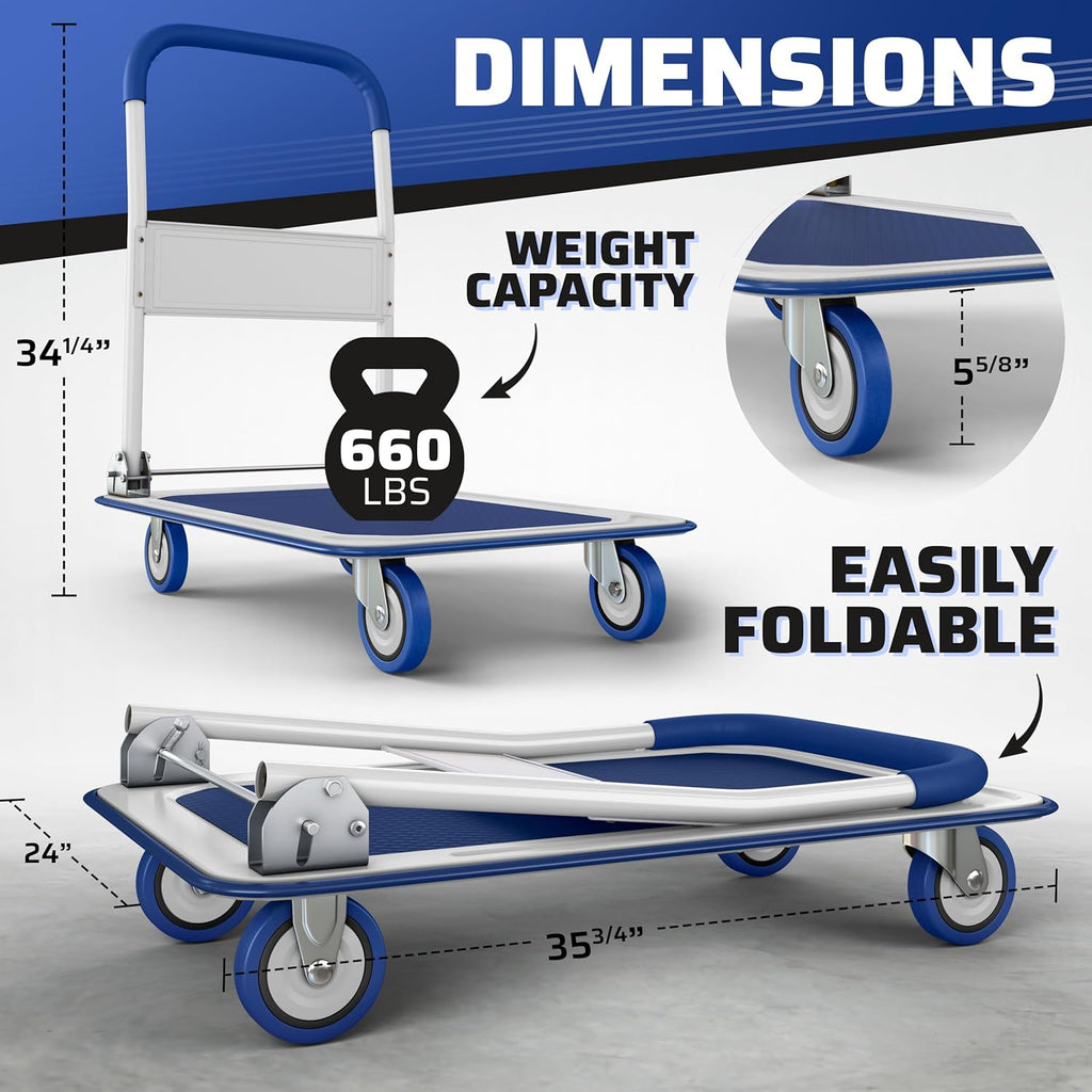Heavy-Duty Collapsible Push Cart Dolly - 660 lbs Capacity, Foldable Flatbed Hand Truck with Swivel Handle